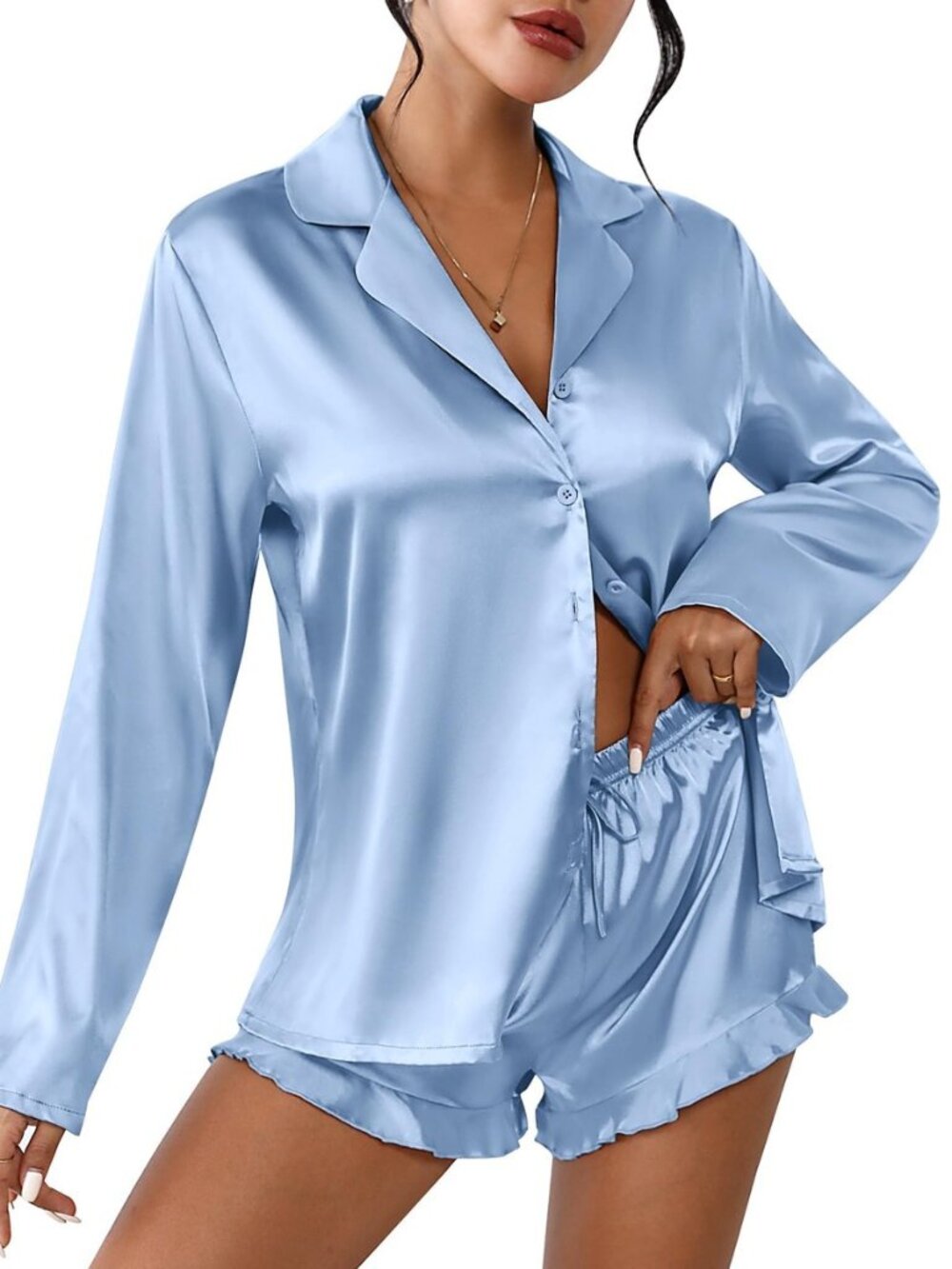 Womens Satin Pajama Sets Cute Button Down Silk Pjs with Ruffle